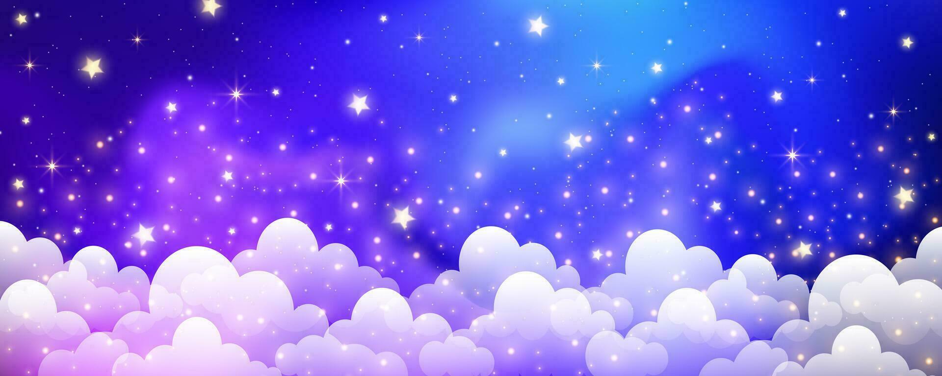 Bright color sky with stars and clouds. Magical landscape, abstract purple fabulous pattern. Cute candy wallpaper. Vector. vector