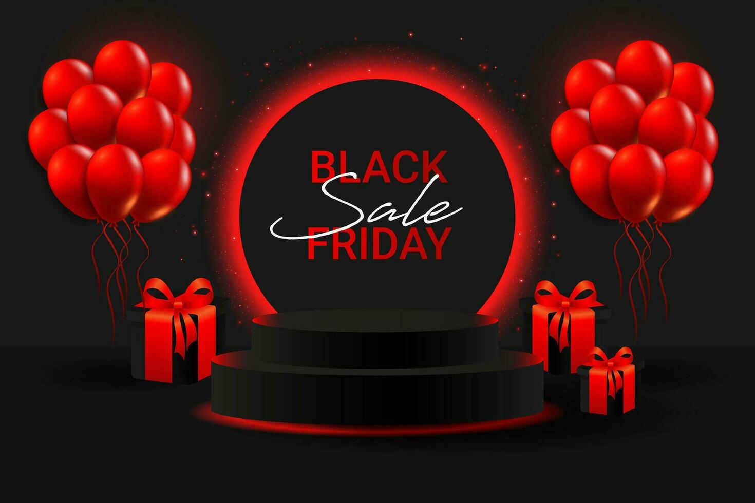 Black Friday super sale neon podium.Black 3D podium with glowing red neon circle and glitter, ballons. Banner for demonstrating products, promotions, discounts, sales. Product mockup. vector