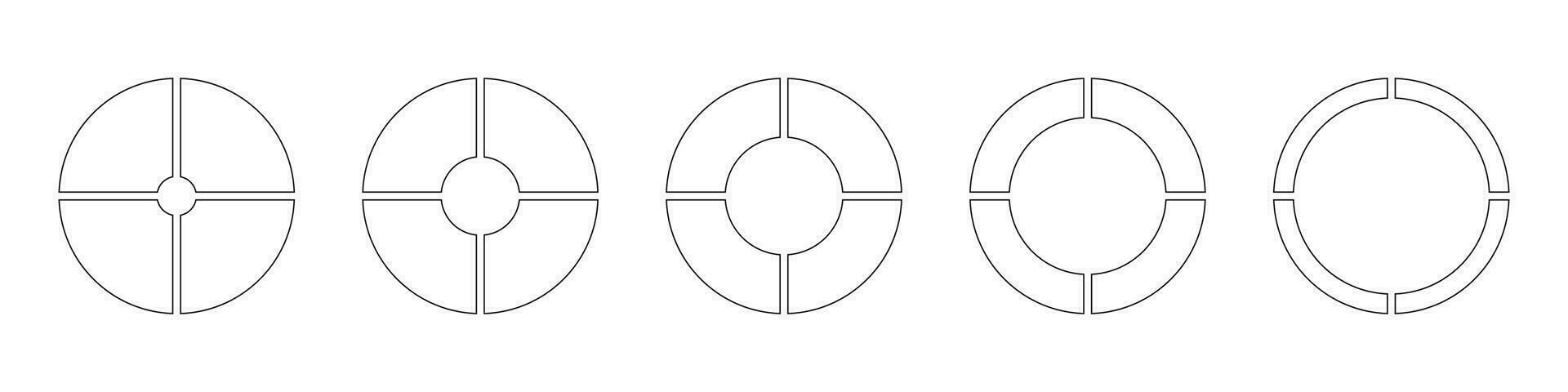 Wheels round divided in four sections. Diagrams infographic set. Circle section graph. Line art. Outline donut charts, pies segmented on 4 equal parts. Pie chart icon. Geometric vector simple element.