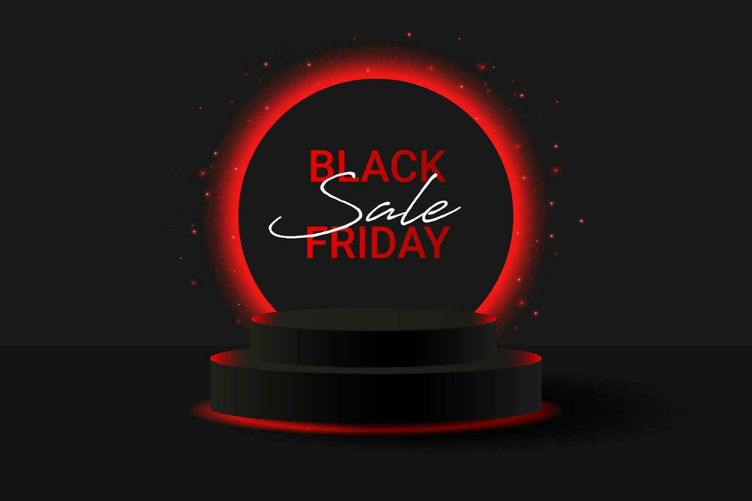 Black 3D podium with glowing red neon circle and glitter. Banner for demonstrating products, promotions, discounts, sales. Product mockup.Black Friday super sale neon podium. vector