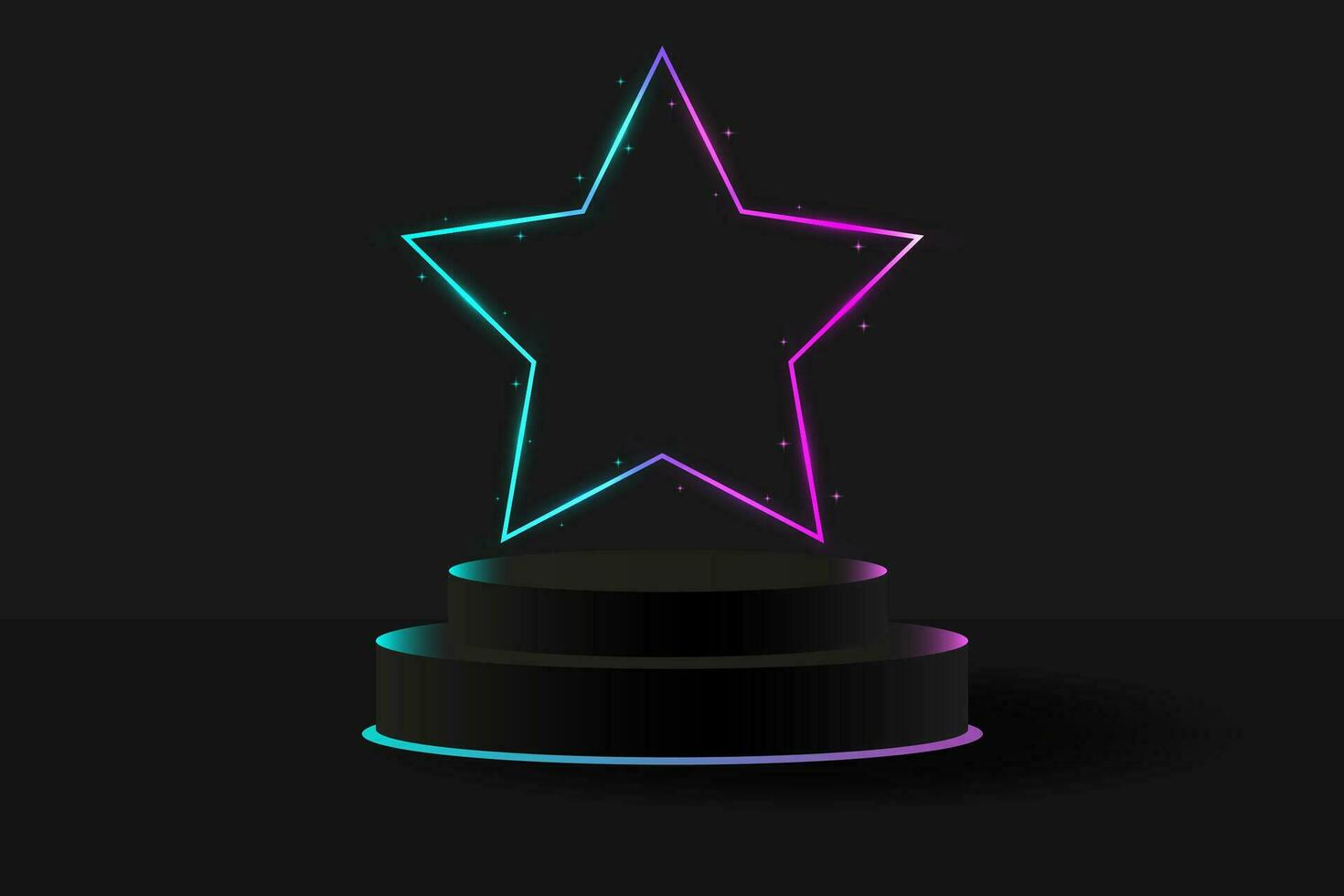Black 3D podium with a multi-colored glowing neon star. Banner for demonstrating products, promotions, discounts, sales, Black Friday. Product mockup. Banner with neon scene. vector