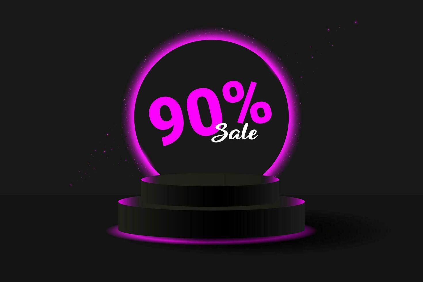 Black 3D podium with glowing pink neon circle and glitter. Banner for demonstrating products, promotions, discounts, sales. Product mockup.Black Friday super sale 90 neon podium. vector