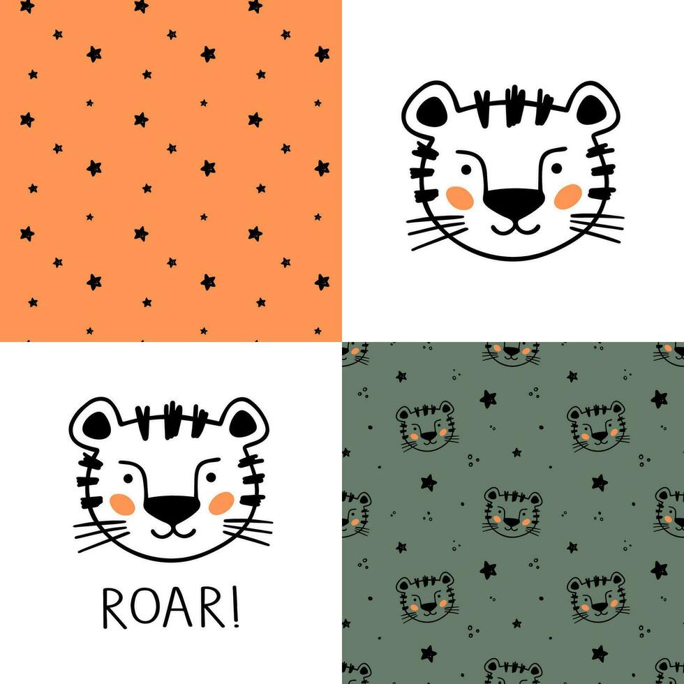 conjunto de linda pequeño Tigre patrones. mano dibujado pequeño Tigre en garabatear estilo para diseño bebé ropa. dibujos animados bohemio guardería impresión. niños diseño textura. vector ilustración.