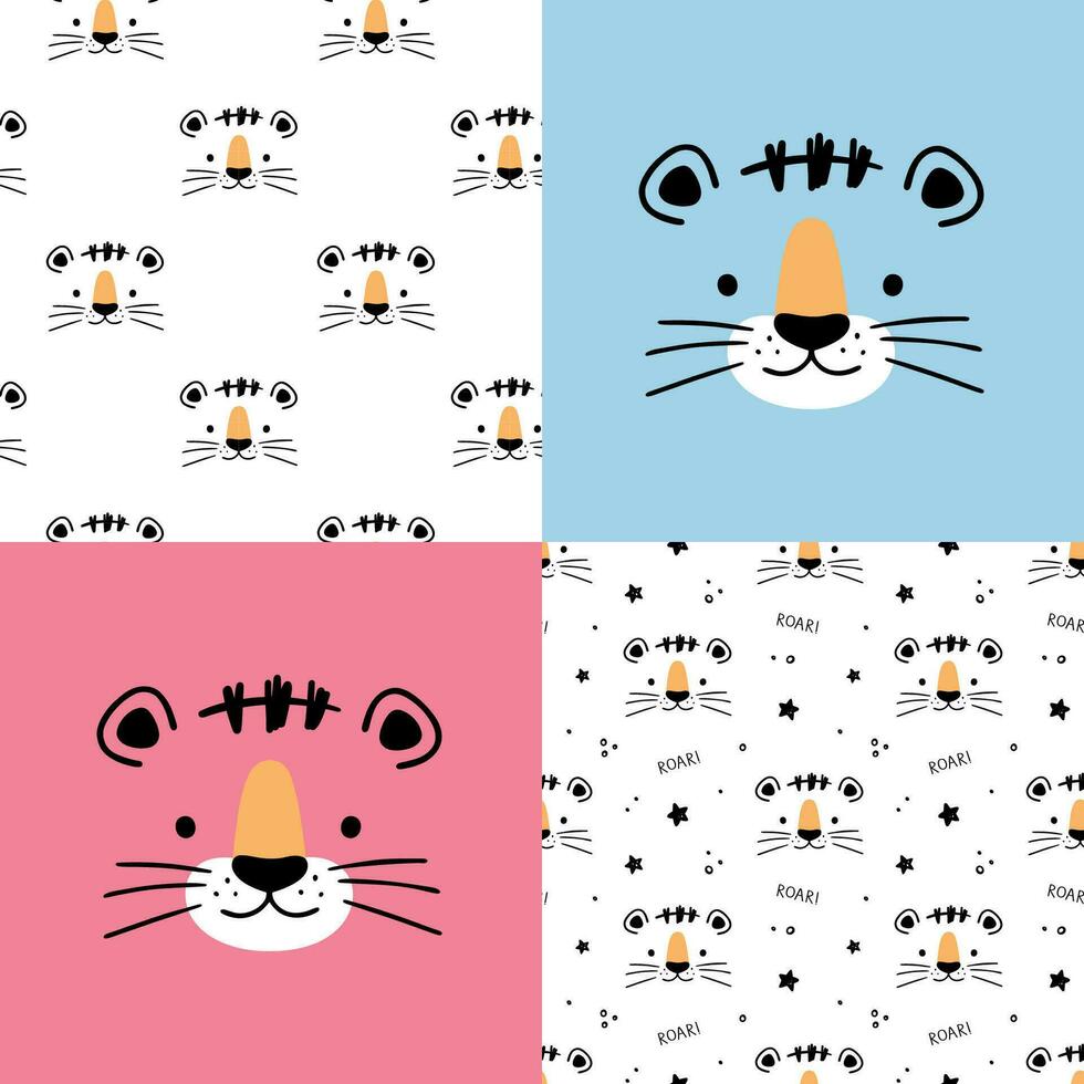 conjunto de linda pequeño Tigre patrones. mano dibujado pequeño Tigre en garabatear estilo para diseño bebé ropa. dibujos animados bohemio guardería impresión. niños diseño textura. vector ilustración.