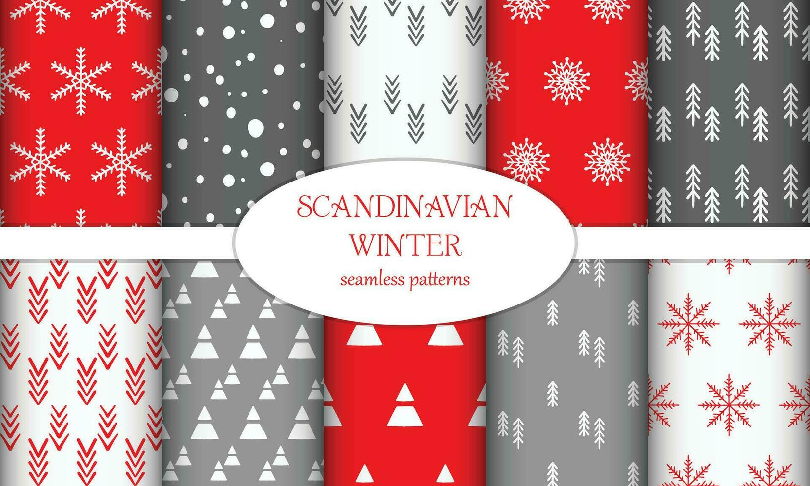 Set of winter hand drawn patterns in Scandinavian style. Festive patterns for wrapping paper, fabric, cards. Vector illustration