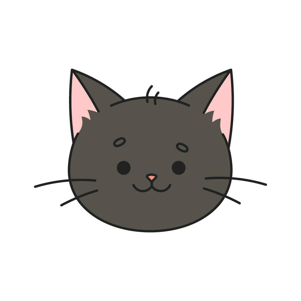 linda contento negro gato cabeza. gato en kawaii estilo. dibujos animados gato personaje. gato rostro, bozal. garabatear estilo. mano dibujado personaje. animal cabeza ilustración. vector ilustración.