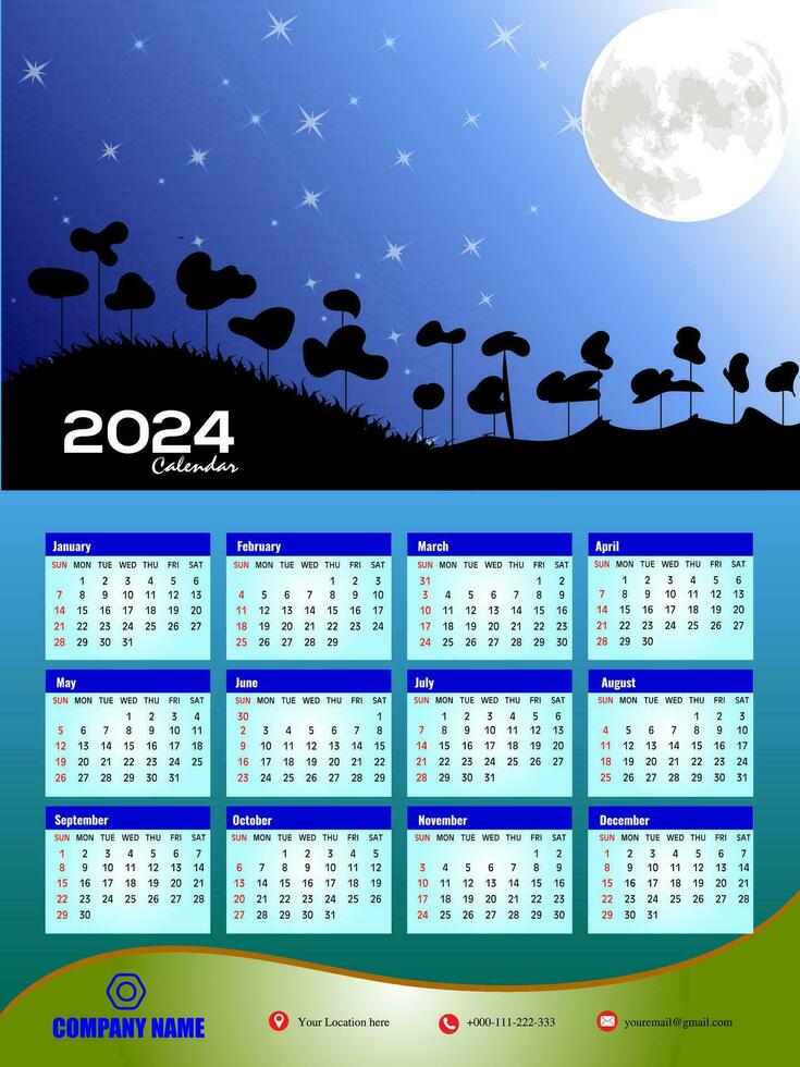 2024 One page wall calendar design template, modern 12 months one page
