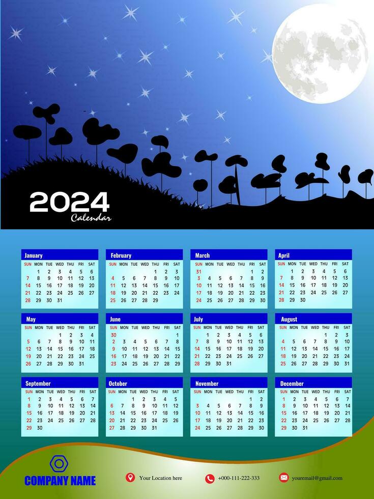 2024 uno página pared calendario diseño plantilla, moderno 12 meses uno página calendario. moderno pared calendario diseño 2024. impresión Listo uno página pared calendario modelo diseño para 2024. semana empieza en domingo. vector