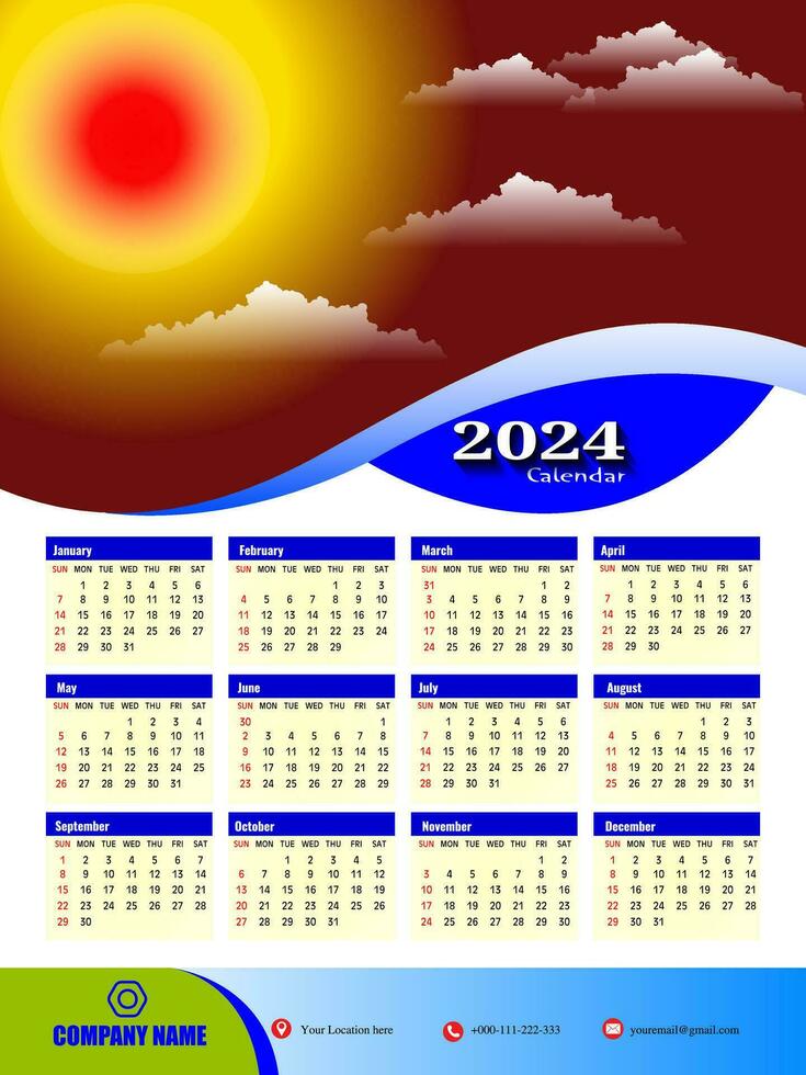 2024 uno página pared calendario diseño plantilla, moderno 12 meses uno página calendario. moderno pared calendario diseño 2024. impresión Listo uno página pared calendario modelo diseño para 2024. semana empieza en domingo. vector