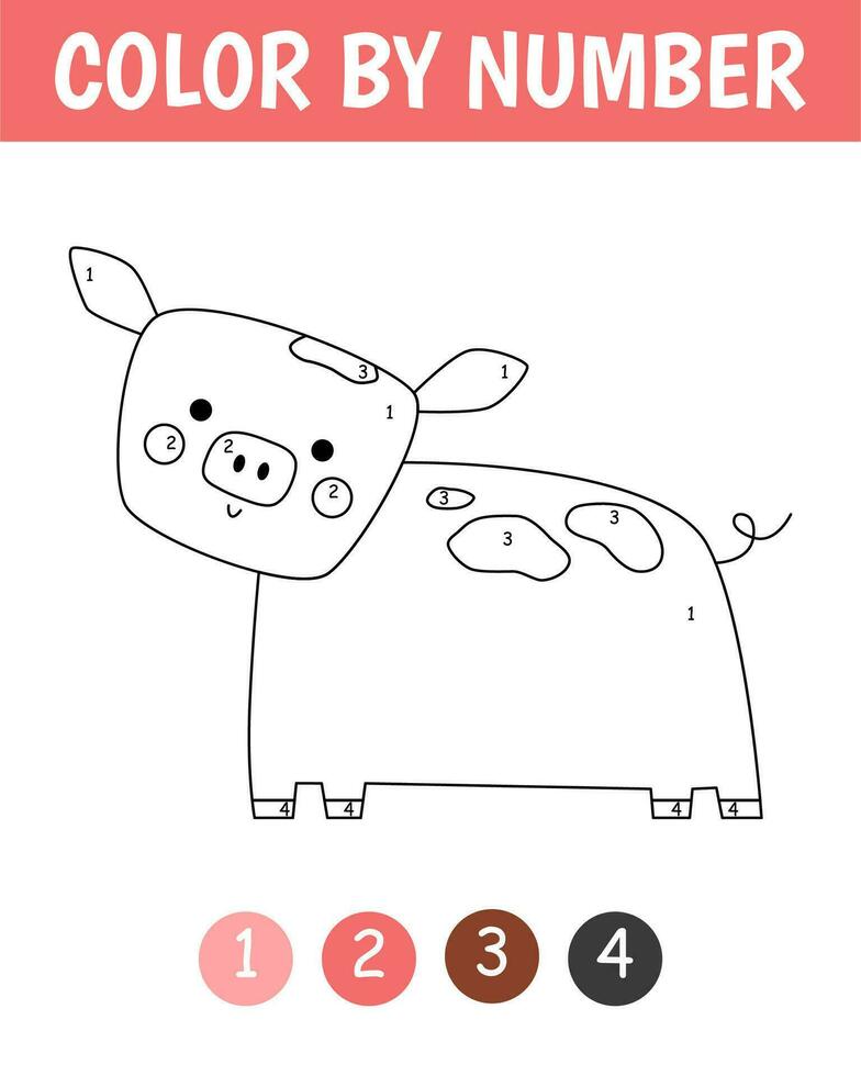 Color by number game for kids. Childish cute pig in naive style. Farm coloring page. Printable worksheet with solution for school and preschool. Learning numbers activity. Vector cartoon illustration.