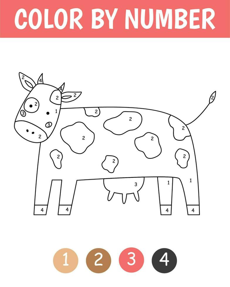 Color by number game for kids. Childish cute Brown cow. Farm coloring page. Printable worksheet with solution for school and preschool. Learning numbers activity. Vector cartoon illustration.