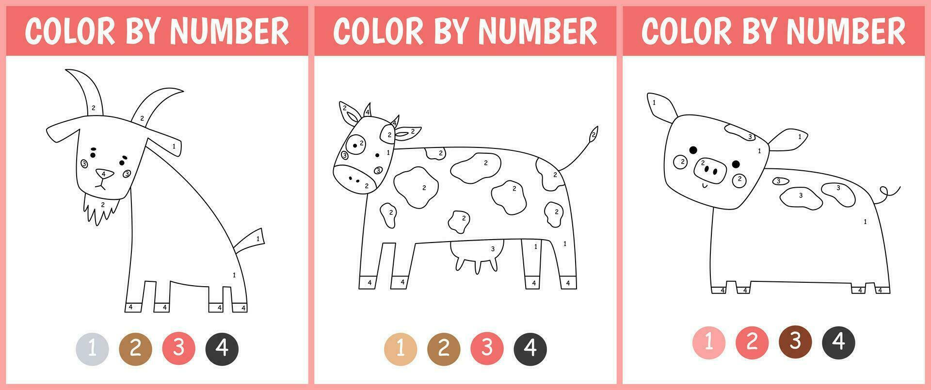 Set color by number game for kids. Cute goat, cow and pig. Farm coloring page. Printable worksheet with solution for school and preschool. Learning numbers activity. vector