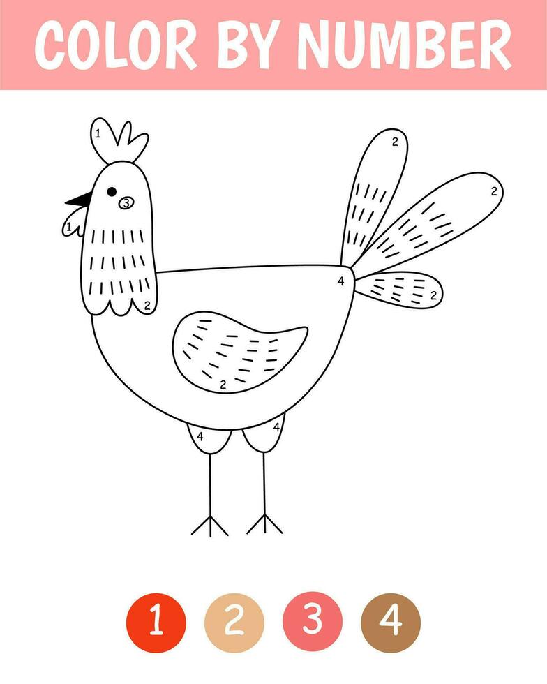 Color by number game for kids. Childish cute cock in simple scandinavian style. Farm coloring page. Printable worksheet with solution for school and preschool. Learning numbers activity. vector