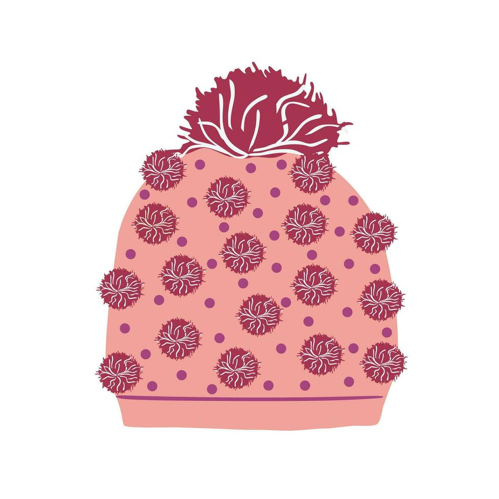 Women's pink hat with pompom. Winter clothes in cartoon style. vector