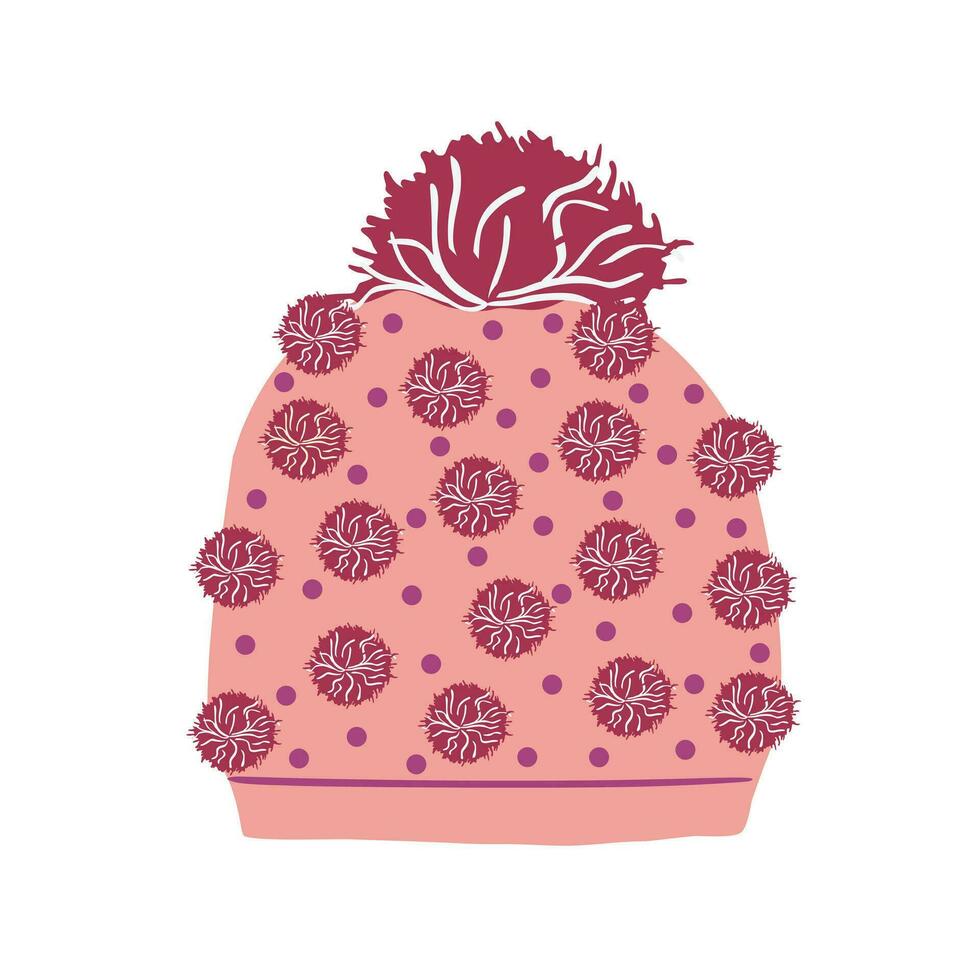 De las mujeres rosado sombrero con pompón invierno ropa en dibujos animados estilo. vector