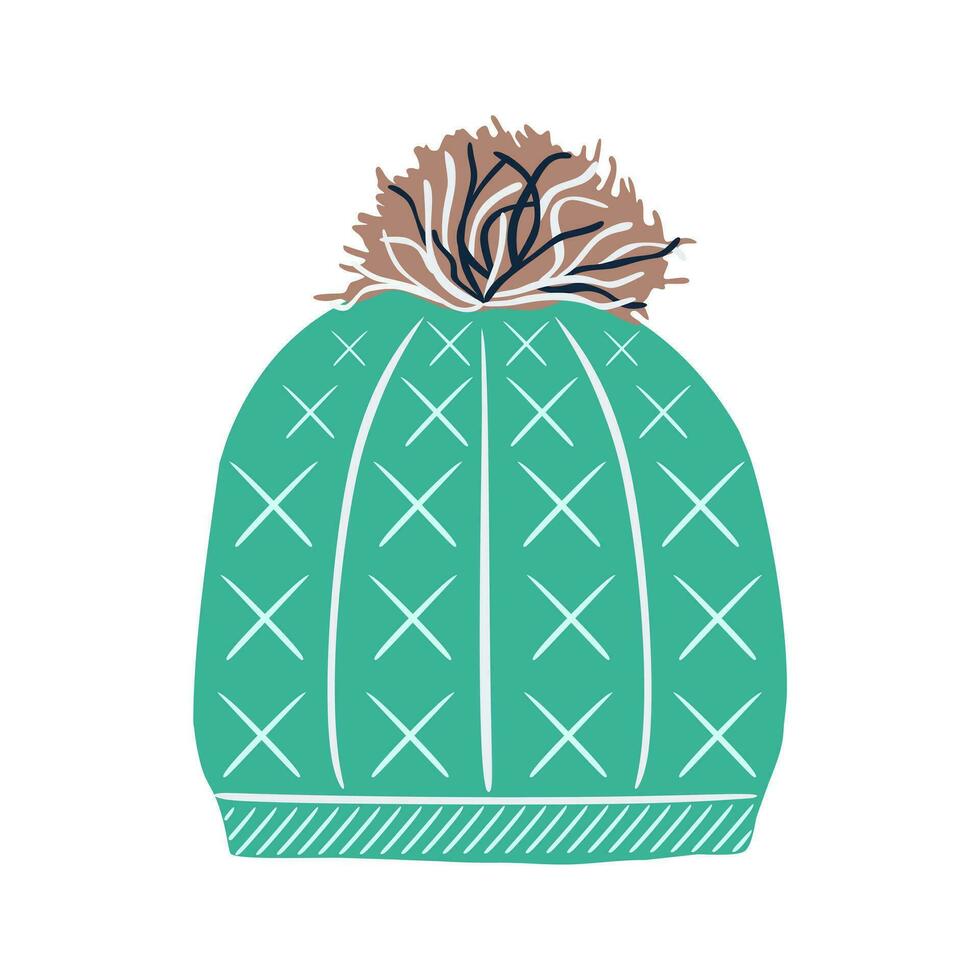 Green wool hat with pompon in flat style vector illustration