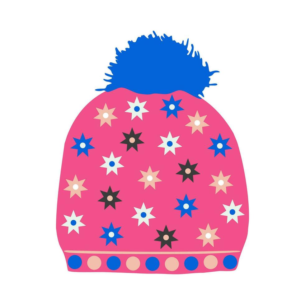 Women's hat with pompom. Winter clothes in cartoon style. Pink color. vector