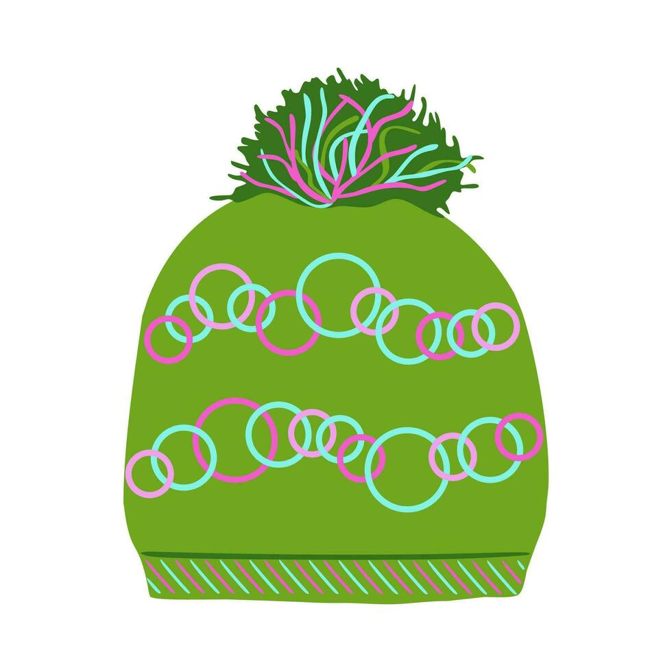 knitted green winter hat with bubo. winter clothes. flat vector illustration