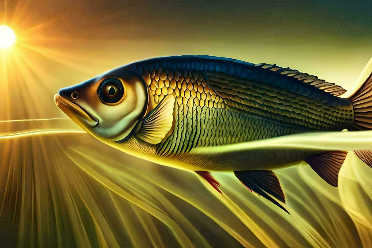 fish in the water with the sun in the background. AI-Generated photo