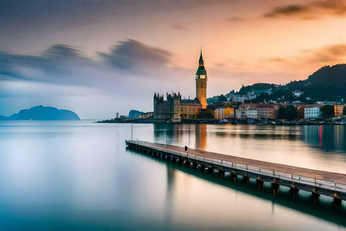 un largo exposición fotografía de un muelle y un reloj torre. generado por ai foto