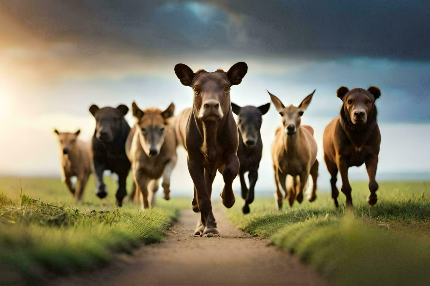 un manada de vacas corriendo abajo un suciedad la carretera. generado por ai foto