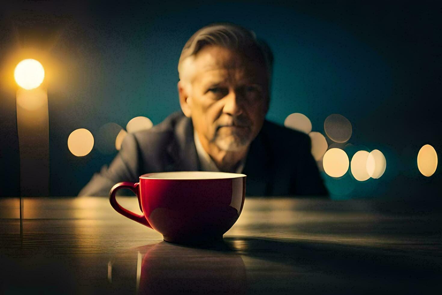 an older man sitting at a table with a red cup. AI-Generated photo