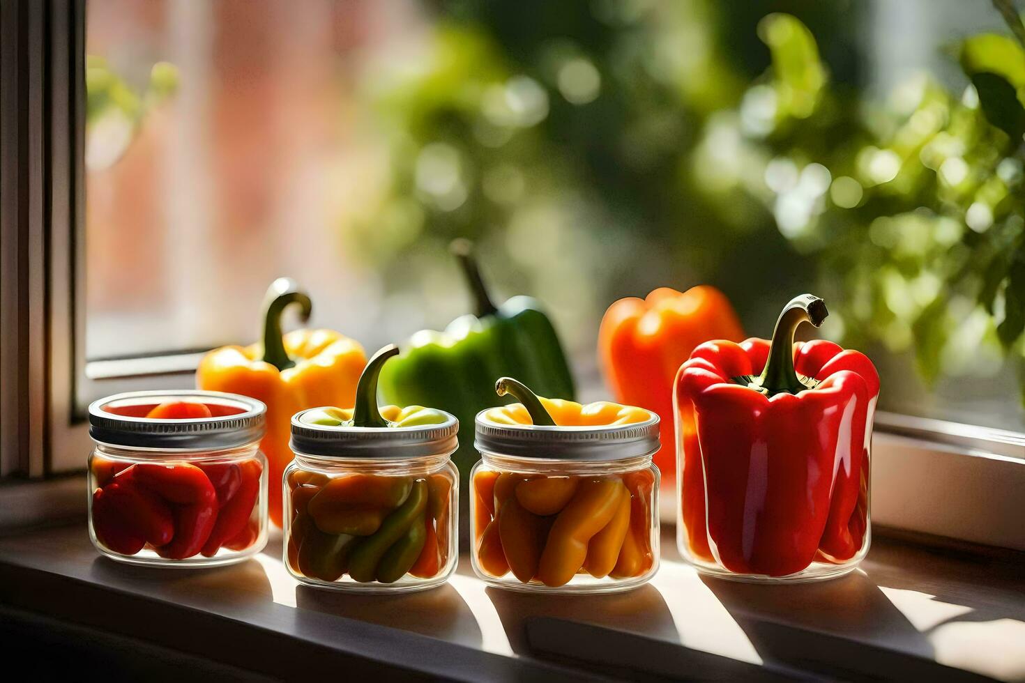 a group of jars filled with peppers and peppers. AI-Generated photo