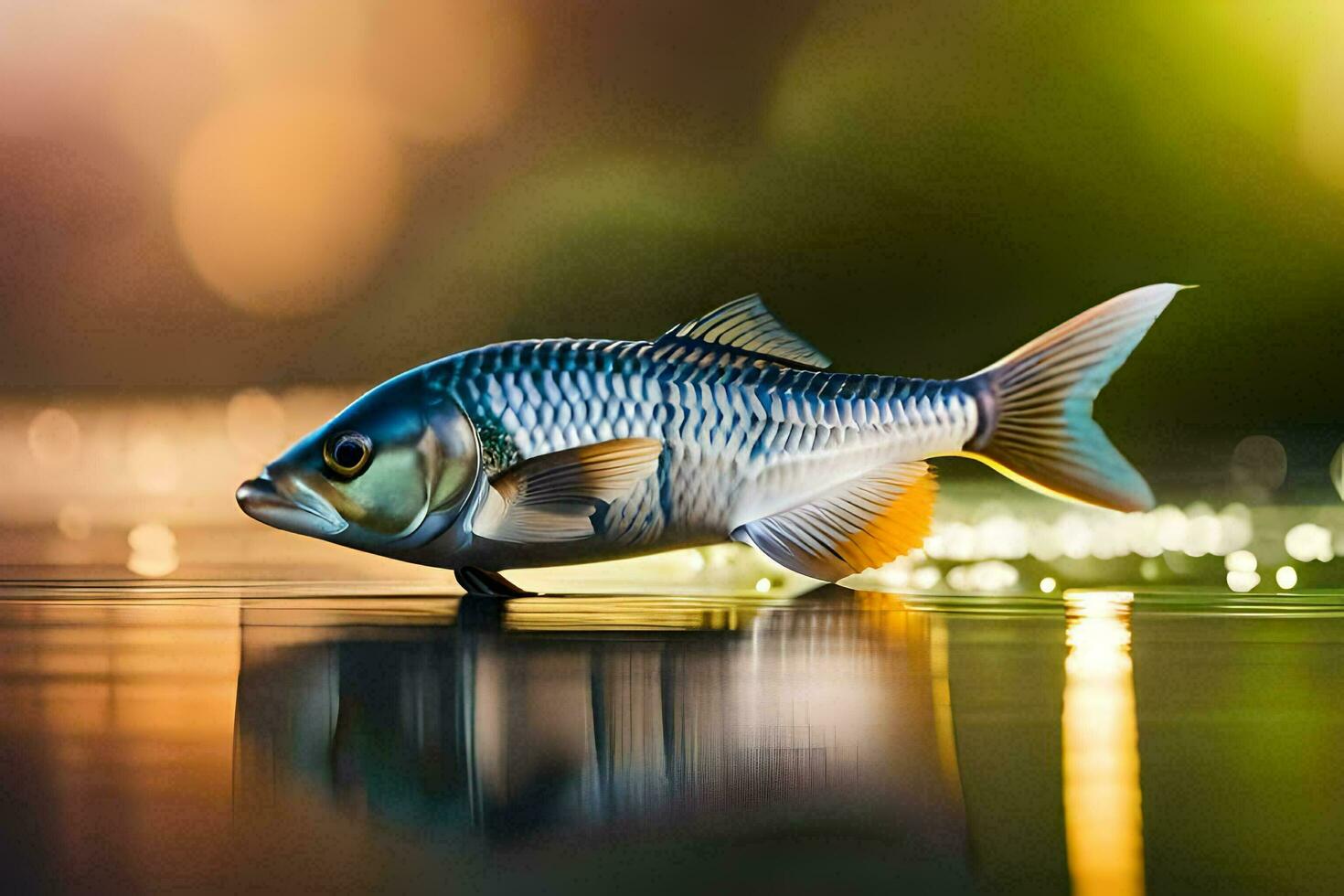 un pescado es en pie en el agua con un ligero antecedentes. generado por ai foto