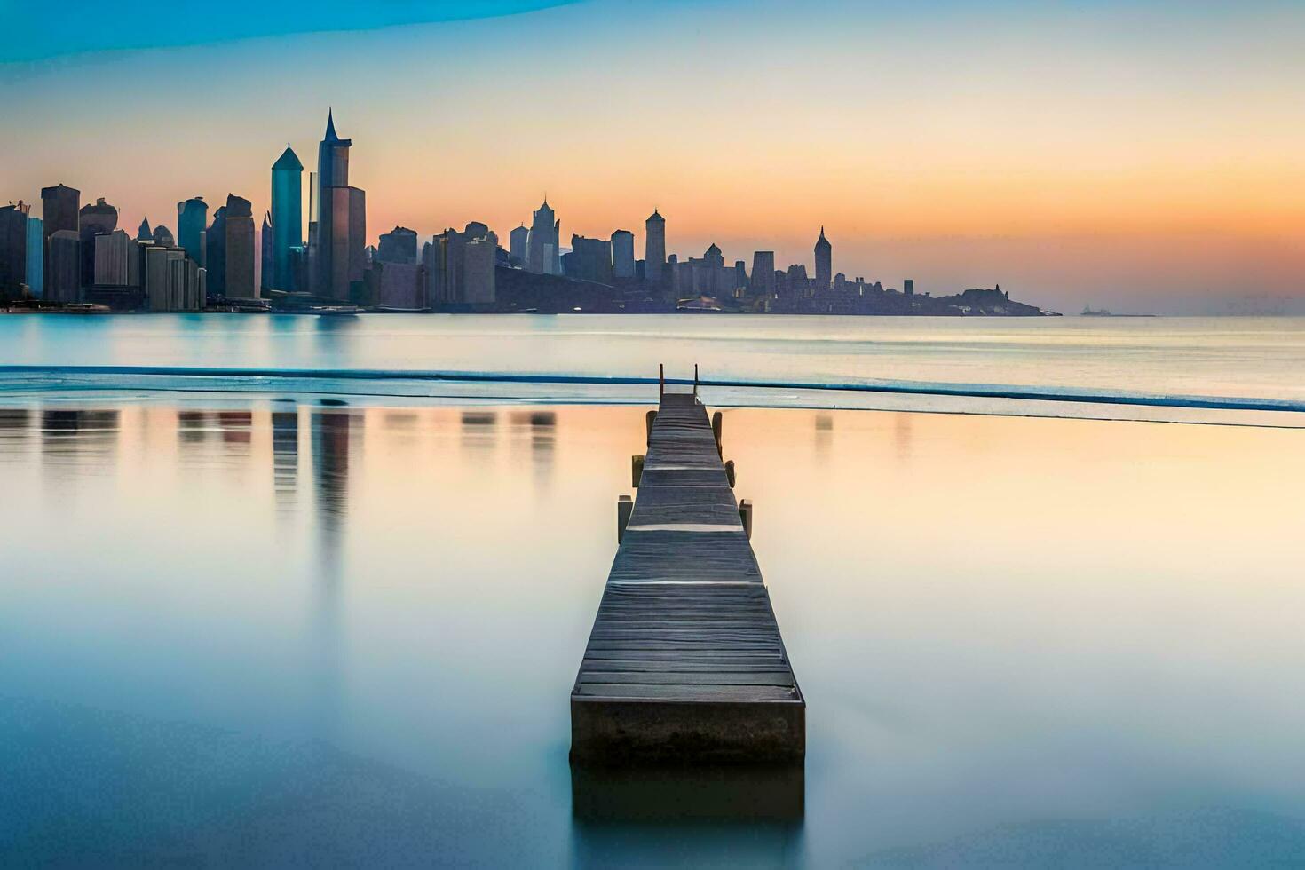 a pier in the ocean with the city skyline in the background. AI-Generated photo