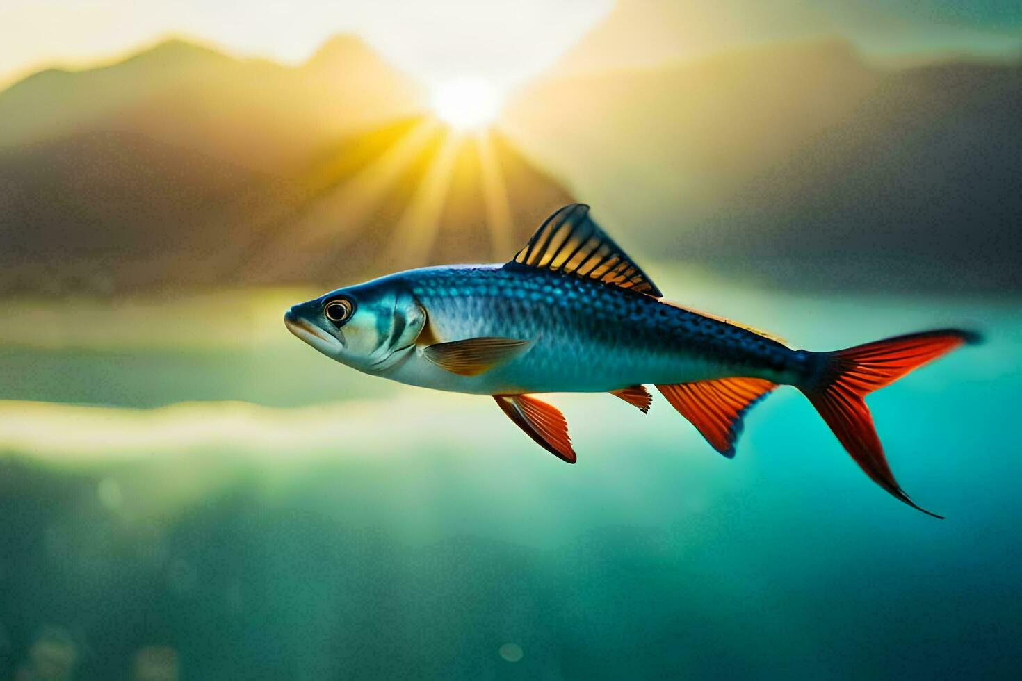 a fish swimming in the water with the sun shining. AI-Generated photo