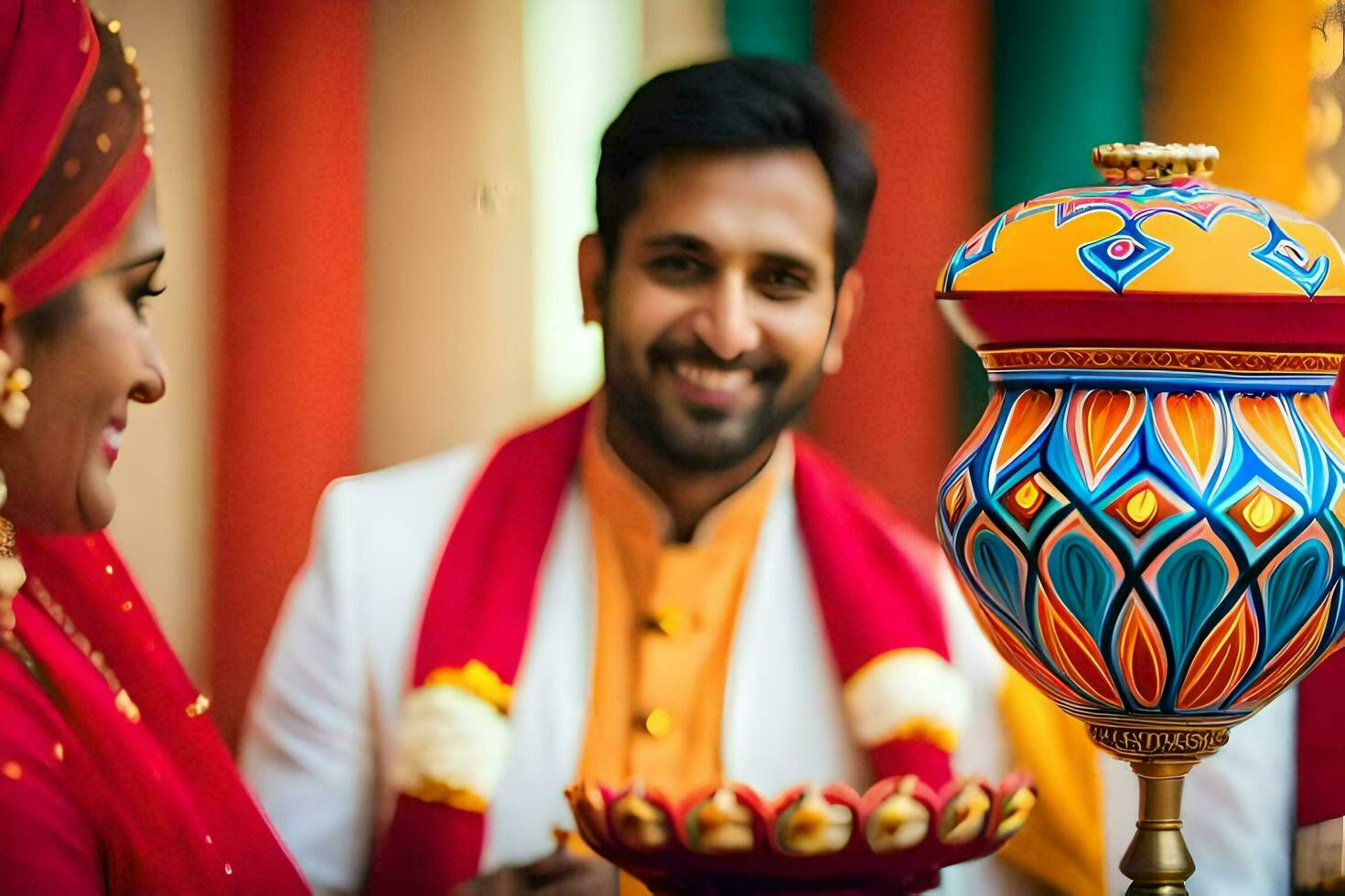 un hombre y mujer en tradicional indio atuendo son sonriente. generado por ai foto