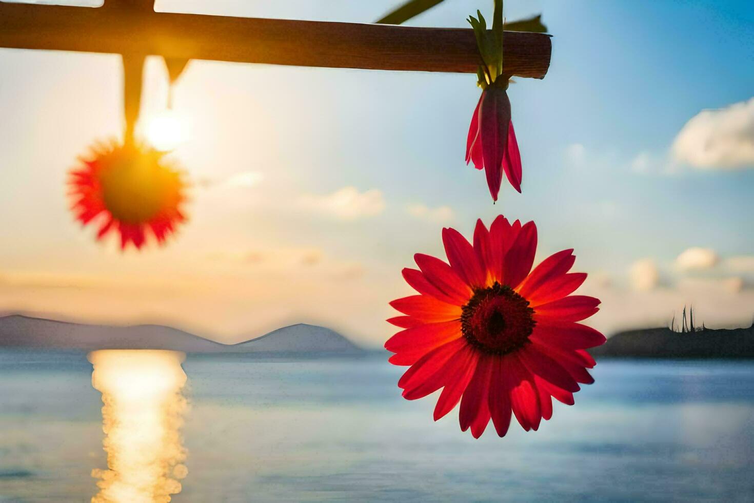 red flower hanging from a tree over the ocean. AI-Generated photo