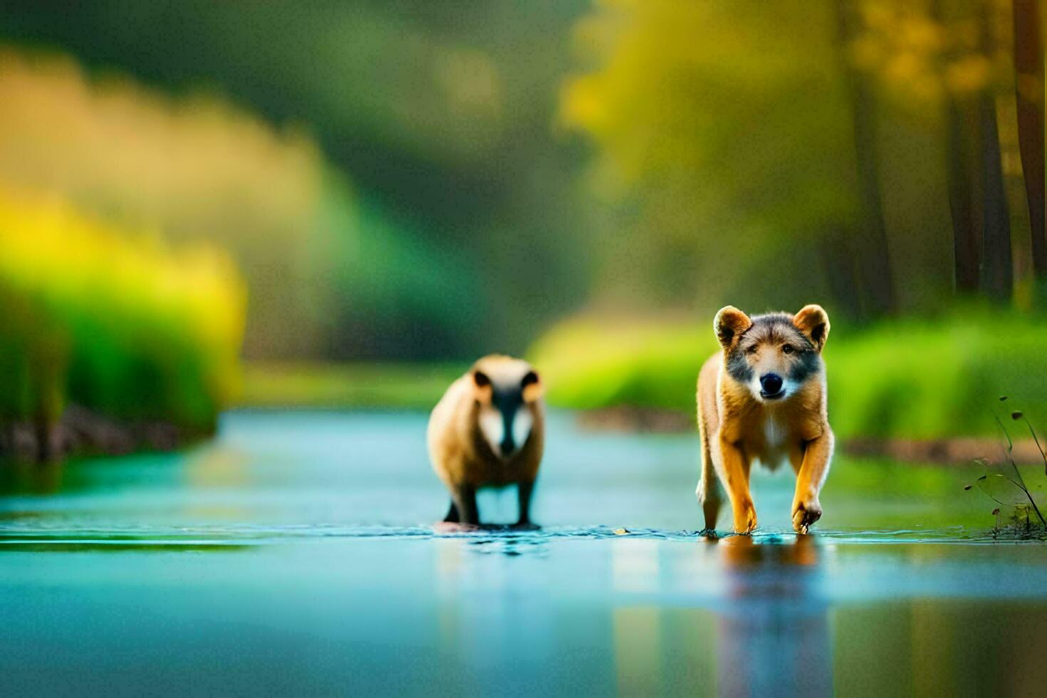 two dogs walking along a river in the forest. AI-Generated photo