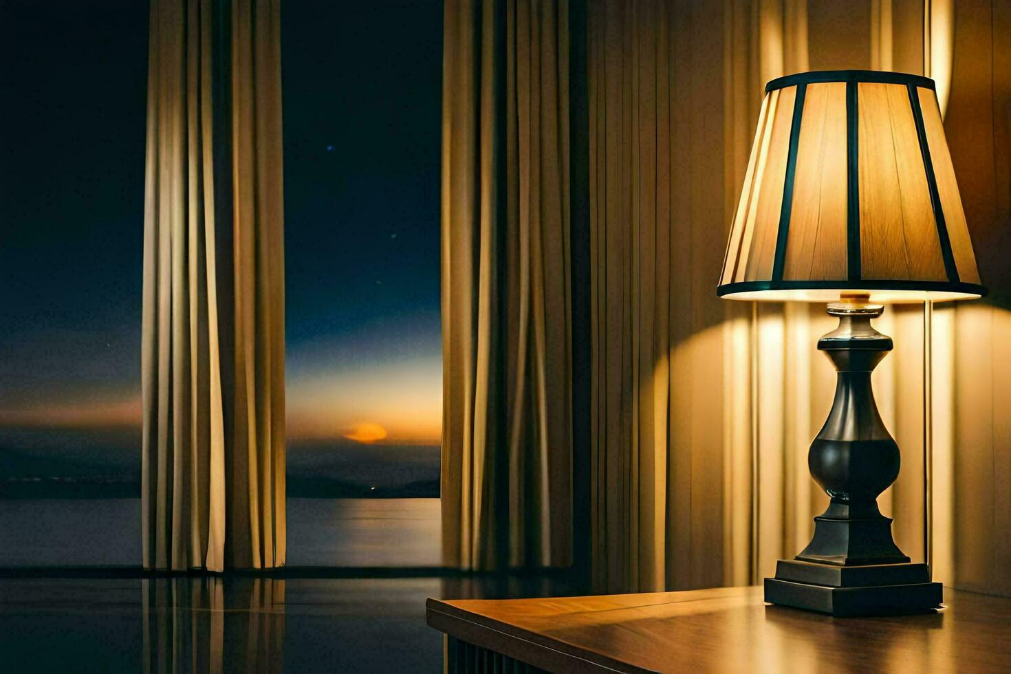 a lamp sits on a table in front of a window. AI-Generated photo