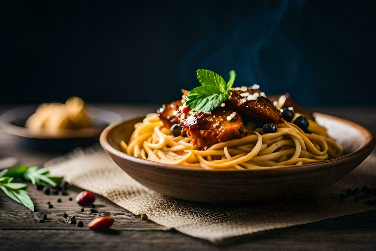 chicken and noodles in a bowl on a wooden table. AI-Generated photo
