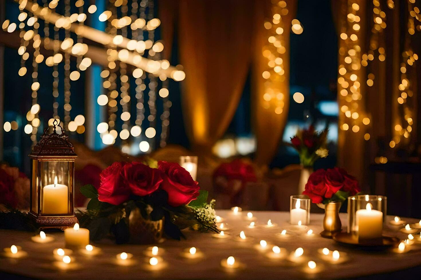 a table with candles and flowers in front of a string of lights. AI-Generated photo