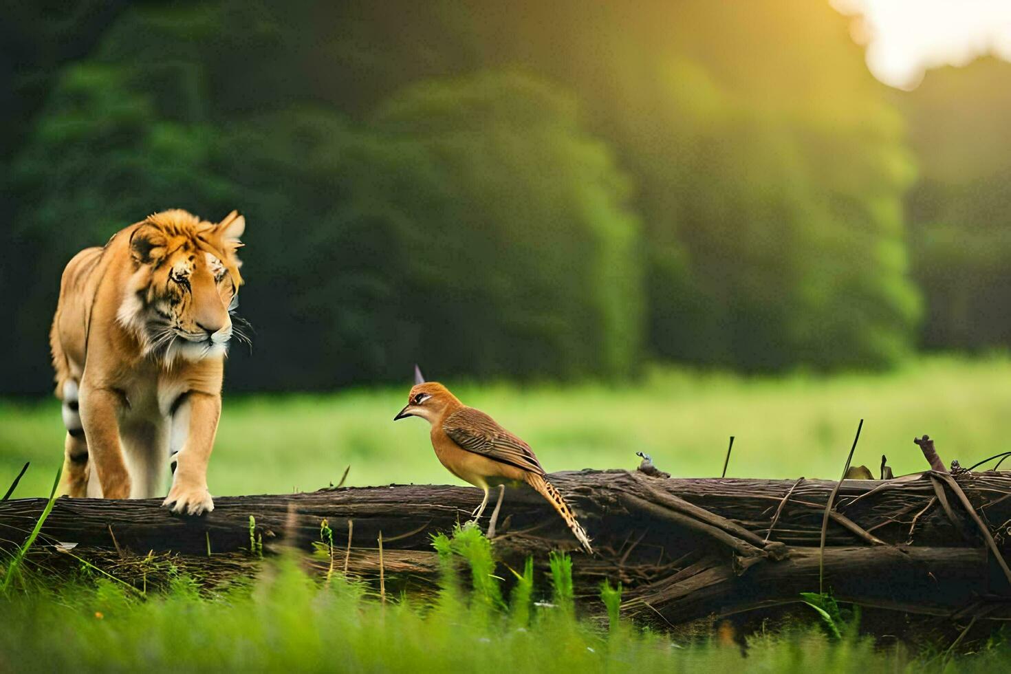 a tiger and a bird in the wild. AI-Generated photo