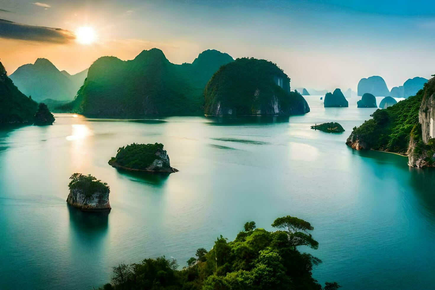 the sun sets over the water in halong bay, vietnam. AI-Generated photo