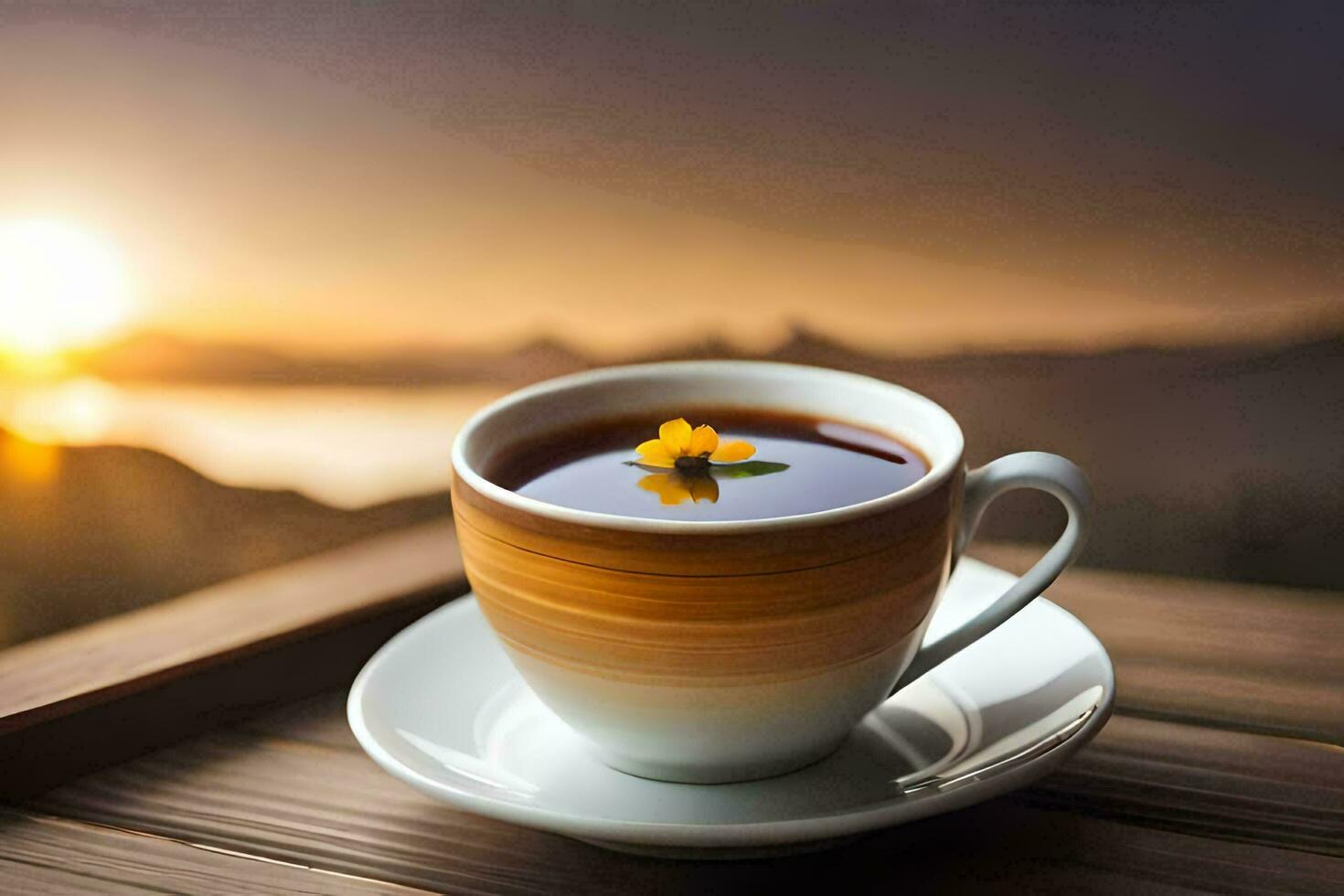 a cup of tea with a flower on the table. AI-Generated photo