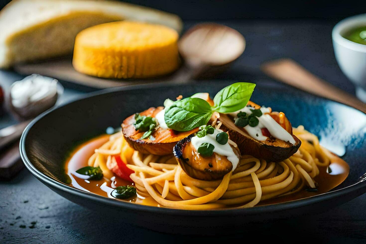 spaghetti with meatballs and sauce in a black bowl. AI-Generated photo