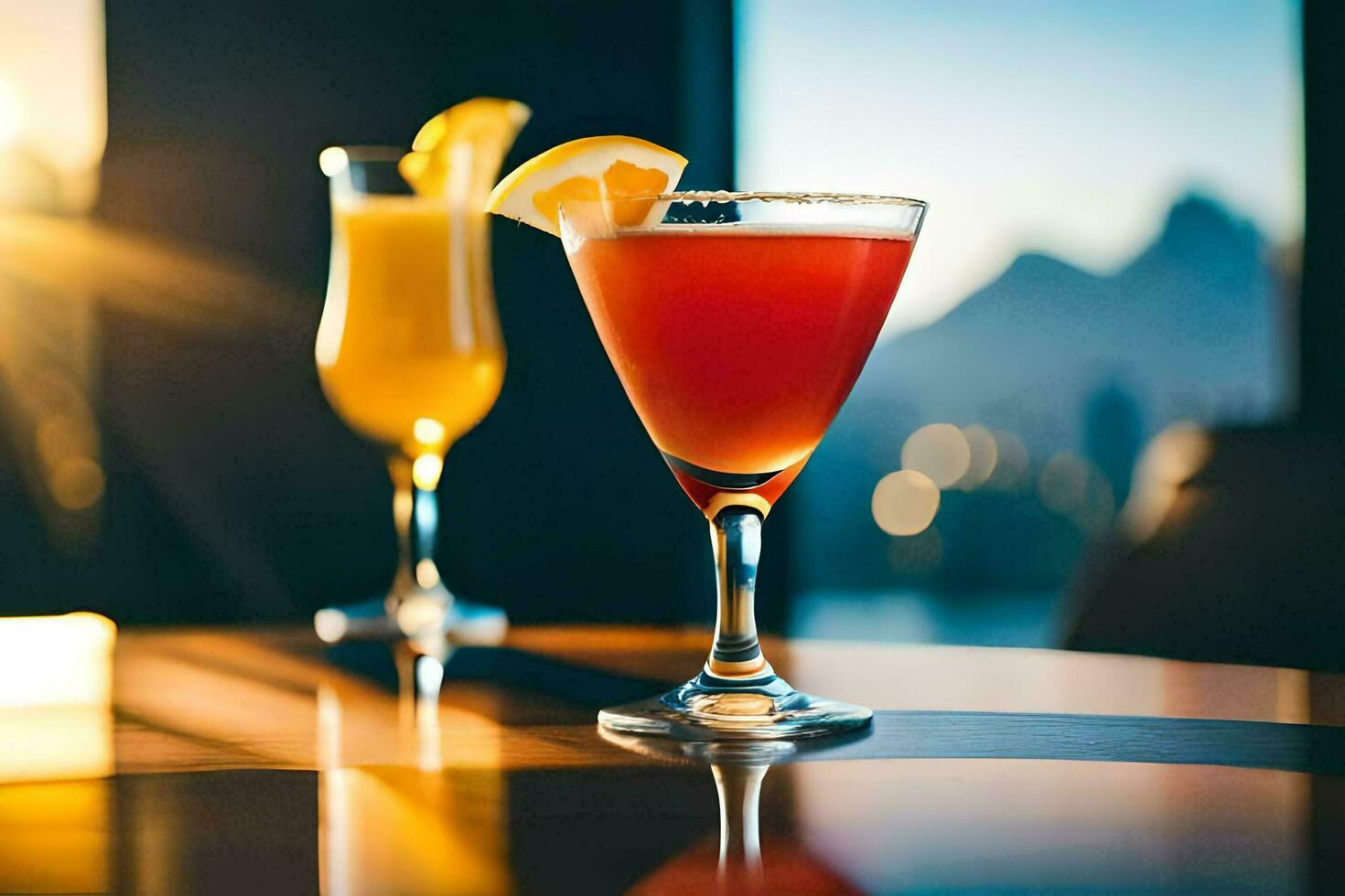 two cocktails sit on a table with a view of the city. AI-Generated photo