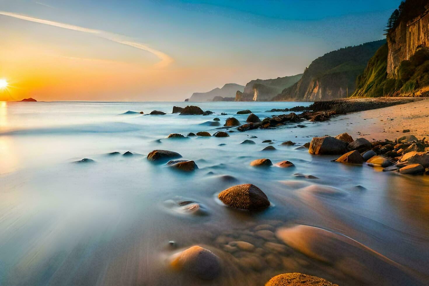 a beautiful sunset over the ocean with rocks and water. AI-Generated photo