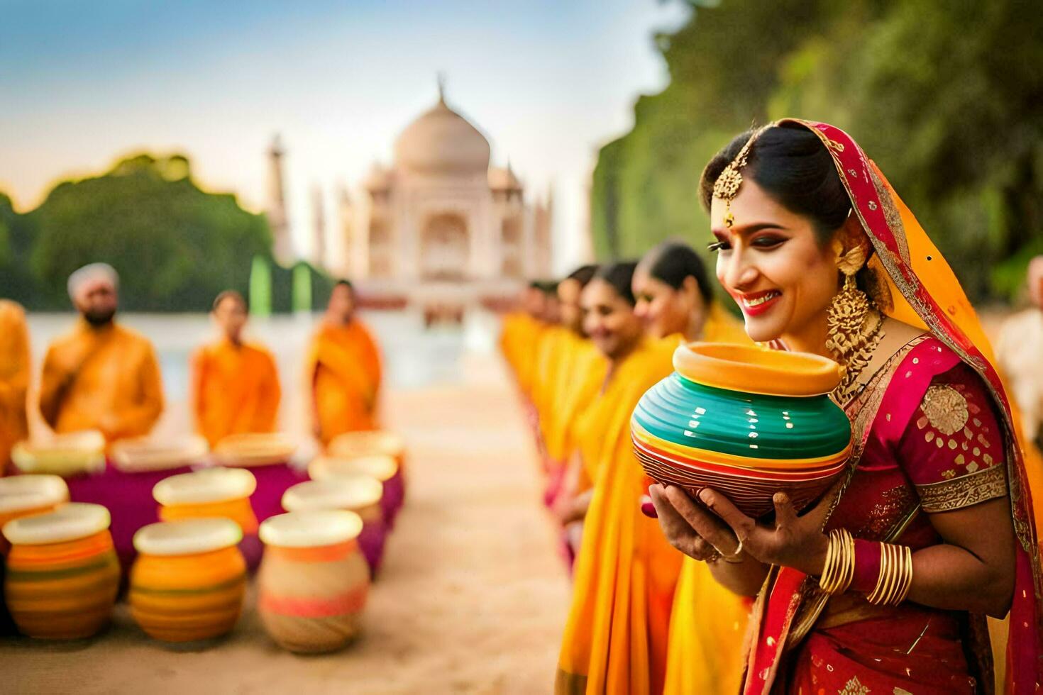 a woman in traditional indian attire holding a pot. AI-Generated photo