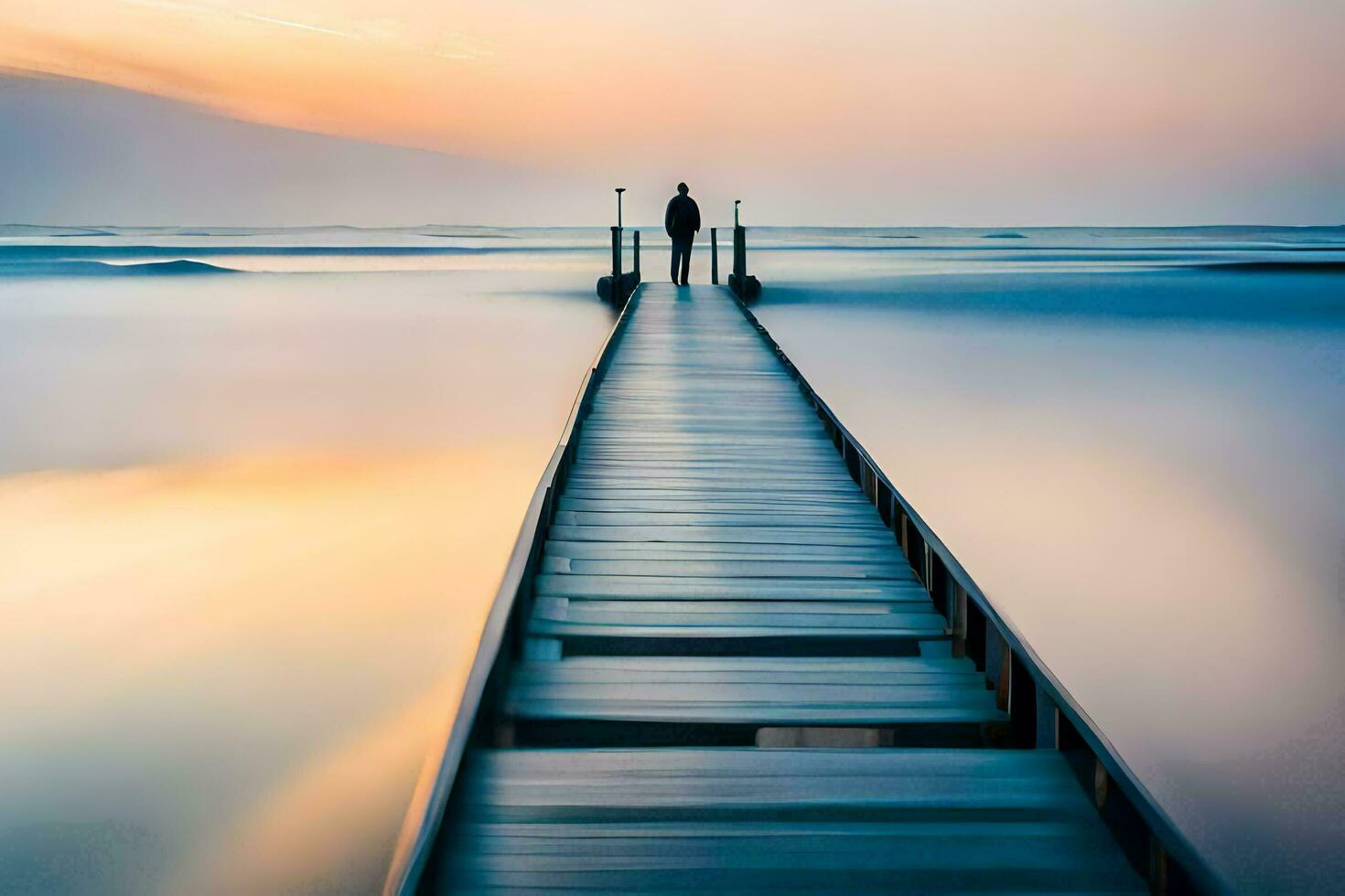 a man stands on a pier looking out into the ocean. AI-Generated photo