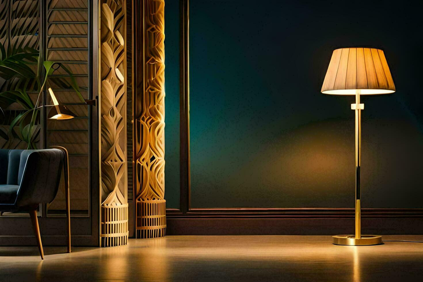 un lámpara en un habitación con un pared y un silla. generado por ai foto