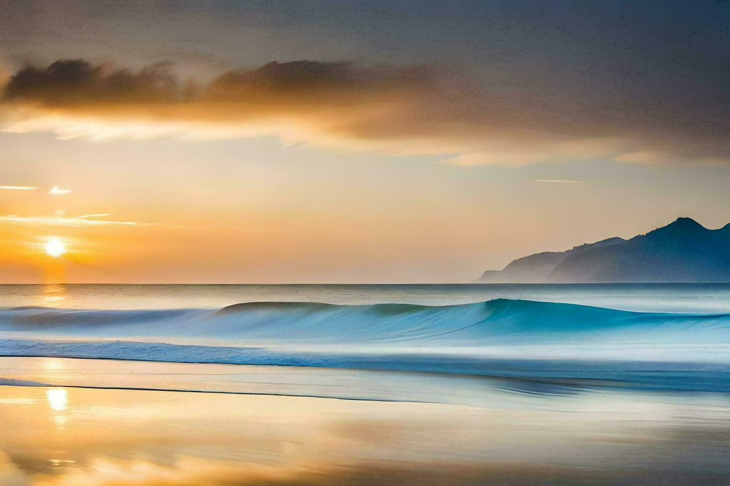 a beautiful sunset over the ocean and mountains. AI-Generated photo
