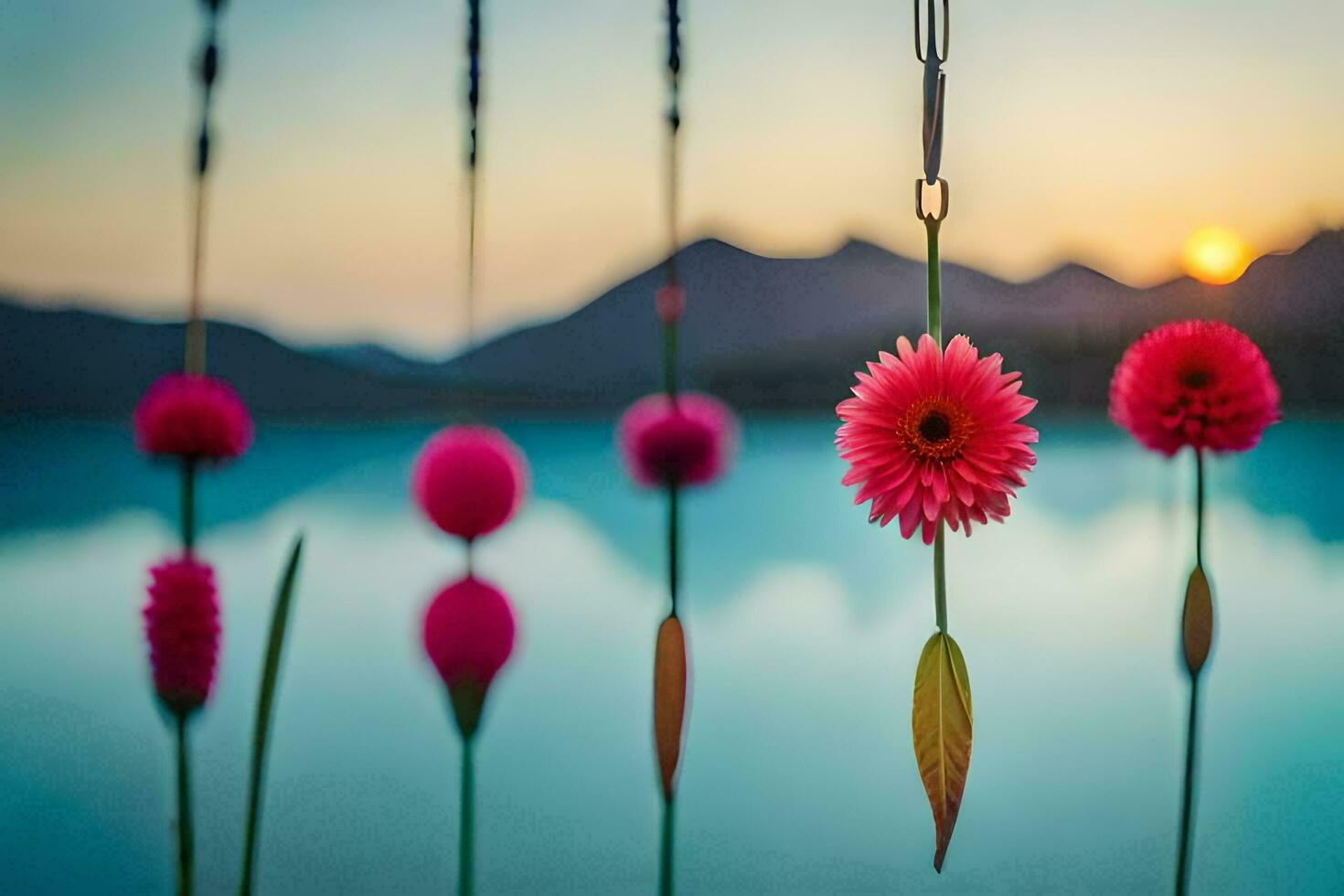 pink flowers hanging from a rope over a lake. AI-Generated photo