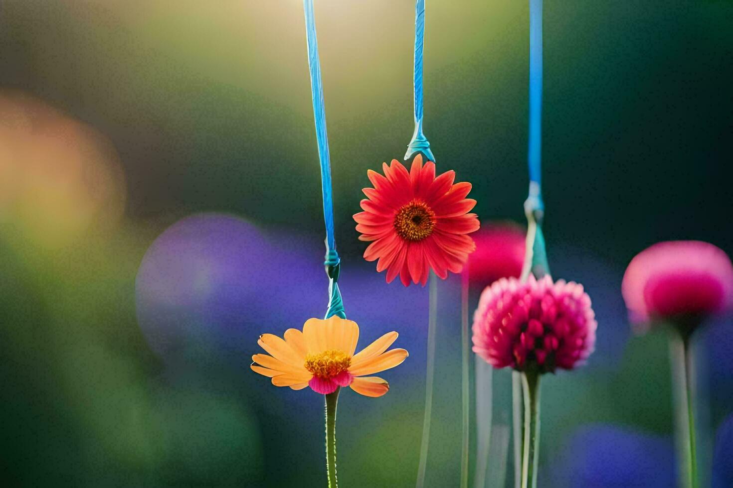 colorful flowers hanging from strings in the sun. AI-Generated photo
