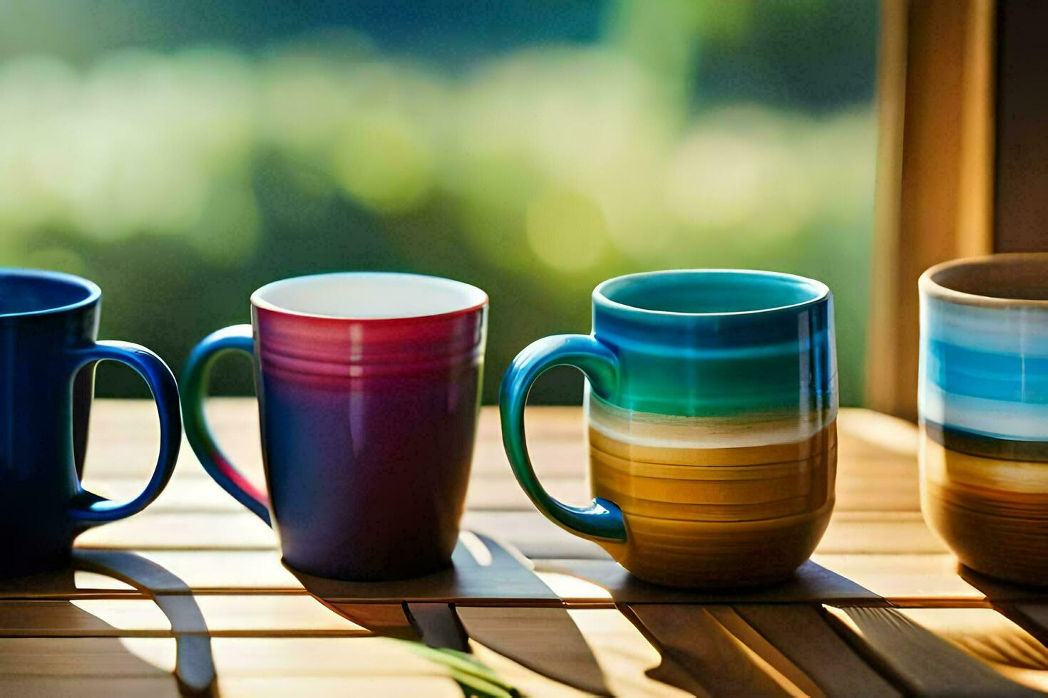 five colorful mugs sitting on a wooden table. AI-Generated photo