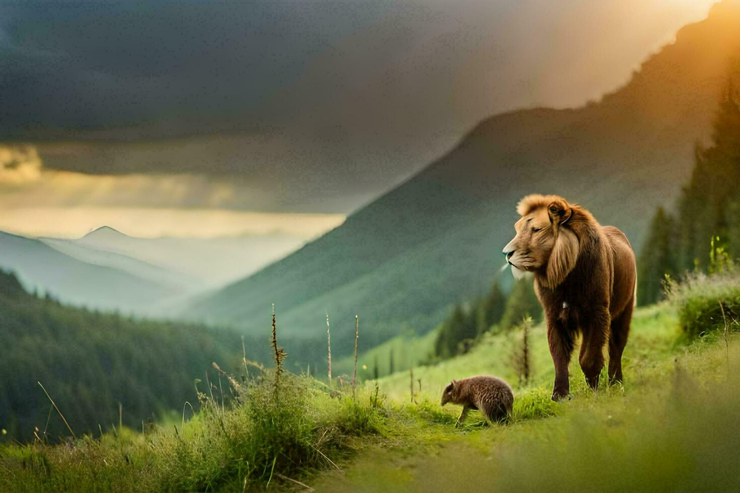 a lion and a bear walk through a field. AI-Generated photo